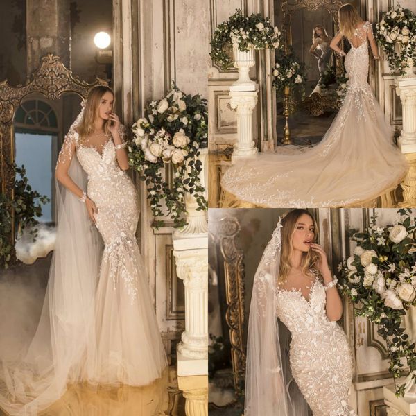 

lace mermaid wedding dresses plus size vestido de novia long sleeve wedding dress sheer neck custom made bridal gowns, White