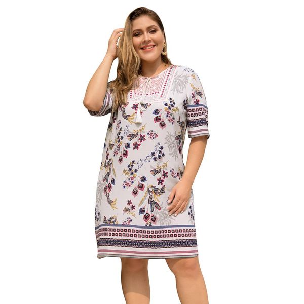 

european and american women's pregnancy embroidered patch stitching v-neck sleeves loose positioning printing large size dresses, White