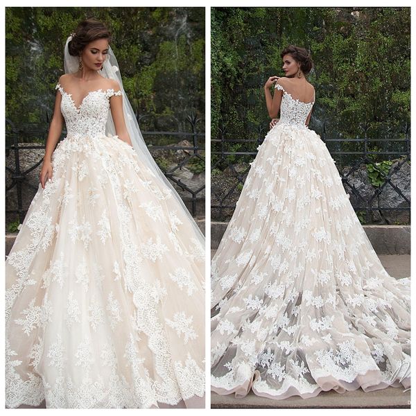 

2019 modest sheer short sleeves lace appliques a-line wedding dresses garden chapel train long bridal gowns custom vestidos de marriage, White