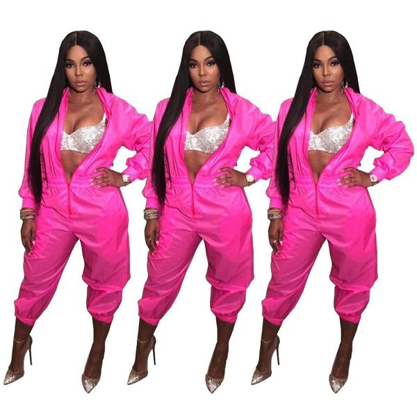 

front zipper stand collar casual jumpsuits for women solid long sleeve party bodysuit stretwear loose club rompers feminino, Black;white