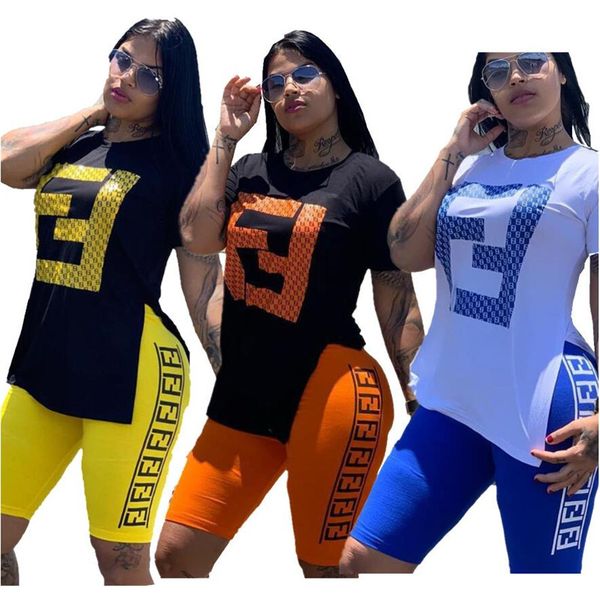 

Женские двойные спортивные костюмы F Летняя футболка с коротким рукавом + шорты 2 шт. Наборы Дизайнерские топы Шорты Наряды Спортивная спортивная одежда A52104