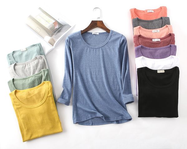 

2019 autumn cotton base women's long sleeve brushed loose women's round collar black t-shirt shirt t-shirt, White
