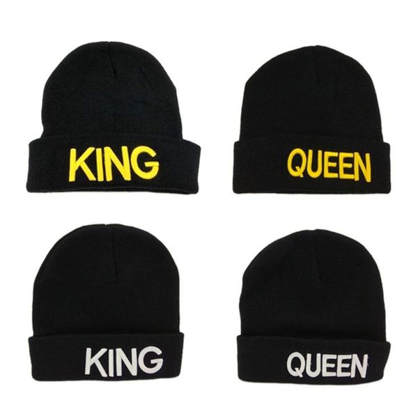 

fashion women men winter warm hat letter king queen print couple cap soft knitted beanies hats casual hats accessories