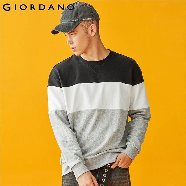 

giordano men sweatshirt contrast crewneck pullover long sleeve loose fit casual sudadera hombre cotton blend 01029788, Black