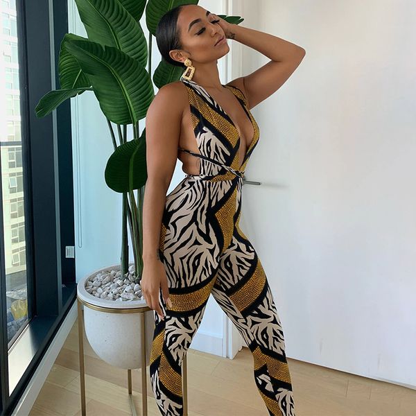 

backless print jumpsuit women's sleeveless v-neck bodycon slim patchwork bandage club 2020 summer fashion ladies pants, Black;white