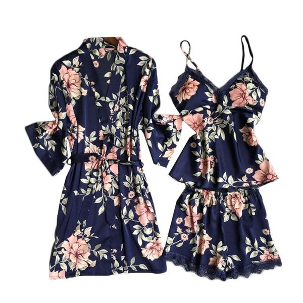 

chamsgend пижама набор женщины sexy кружево цветочного принт белье ladies robe пижама пижама комплект рукава ночной 3 шт, Black;red