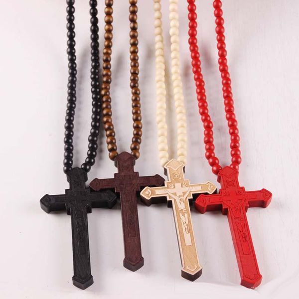 

new wooden cross pendant necklaces christian religious wood crucifix charm beaded chains for women men fashion jewelry gift, Silver