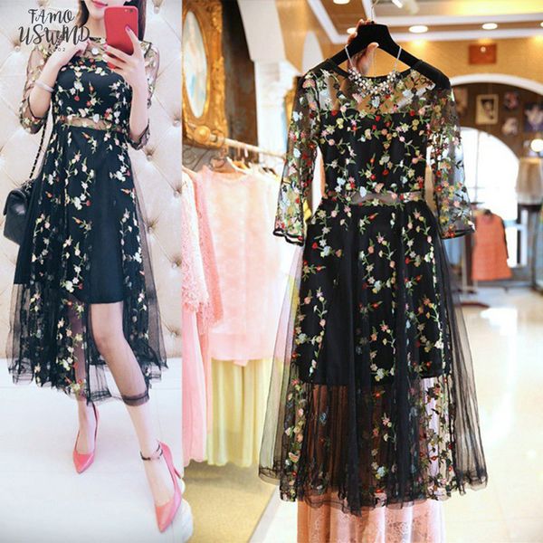 

embroidery lace mesh dress crew neck women vintage floral o neck half sleeve dresses see through vestidos, Black;gray