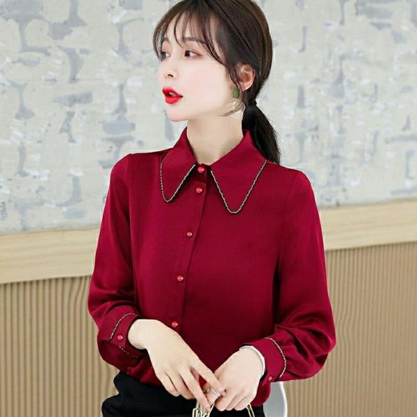 

spring autumn office ladies woman patchwork long sleeve green wine red blouse shirt , women clothing , blouses, White