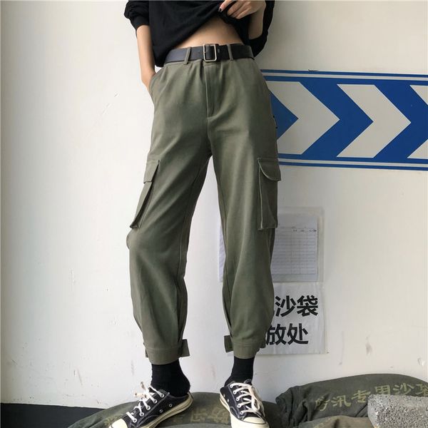 

pants women solid pockets loose high waist zipper cargo pant womens bf leisure harajuku korean style trousers students trendy, Black;white