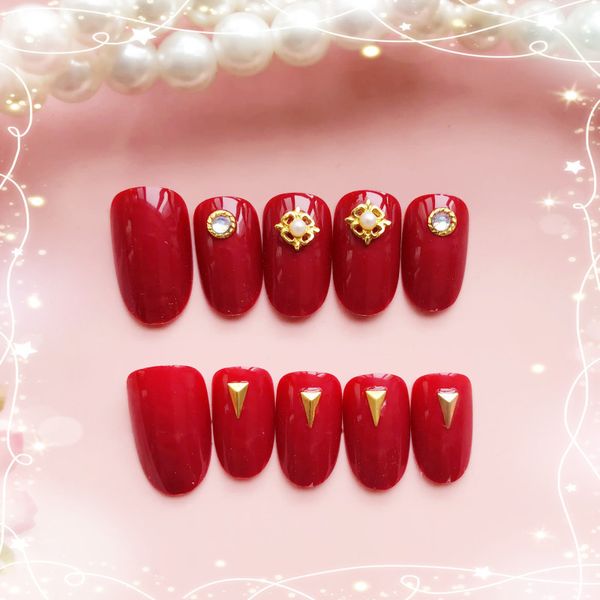

24pcs/set fake finish removable tips with rivet nail art decor, Red;gold