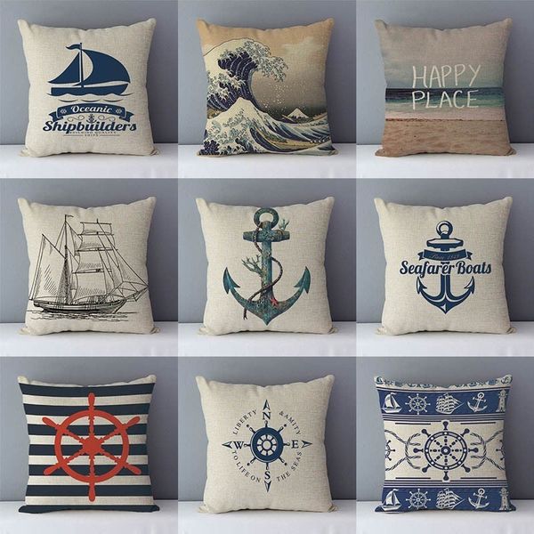 

mediterranean couch cushion navy blue patterns printed home decorative pillow 45x45cm cotton linen pillowcase seat back cushions