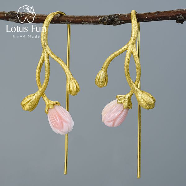 

lotus fun 18k gold jasmine flower and bud natural shell dangle earrings real 925 sterling silver designer fine jewelry for women, Golden;silver