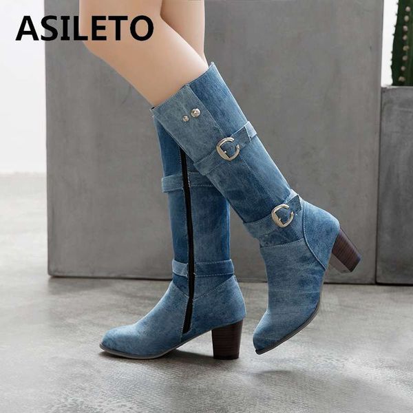 

asileto big size 34-46 western cowboy booties square heels zipper buckle denim shoes mid-calf boots women pointed botas mujer, Black