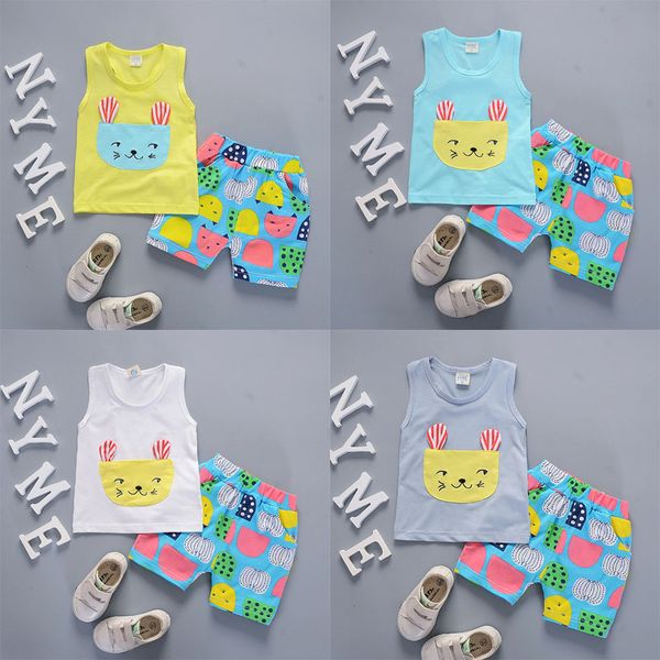 

2019 прохладный и освежающий стиль лето хлопок круглый воротник мультфильм кролик шаблон с жилет и шорты две части для мальчиков и девочек, White