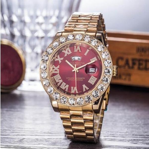 

relogio luxury mens brand men watch big diamonds brand stainless steel perpetual president automatic diamond wristwatch watch, Slivery;brown