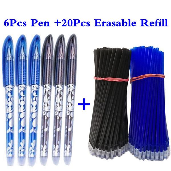 

6+20 pcs/set erasable washable handle pen 0.5mm blue/black ink magic gel pen school stationery office writing tool supplies pens