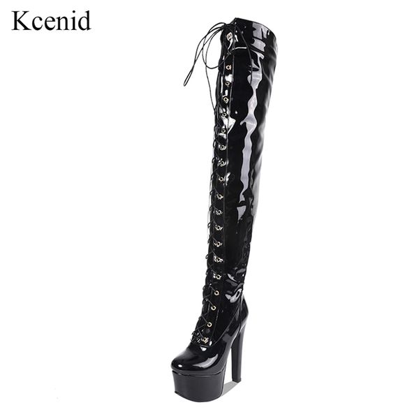 

kcenid patent leather ultra over the knee boots high heels platform performance shoes woman plus size thigh high dance shoe, Black
