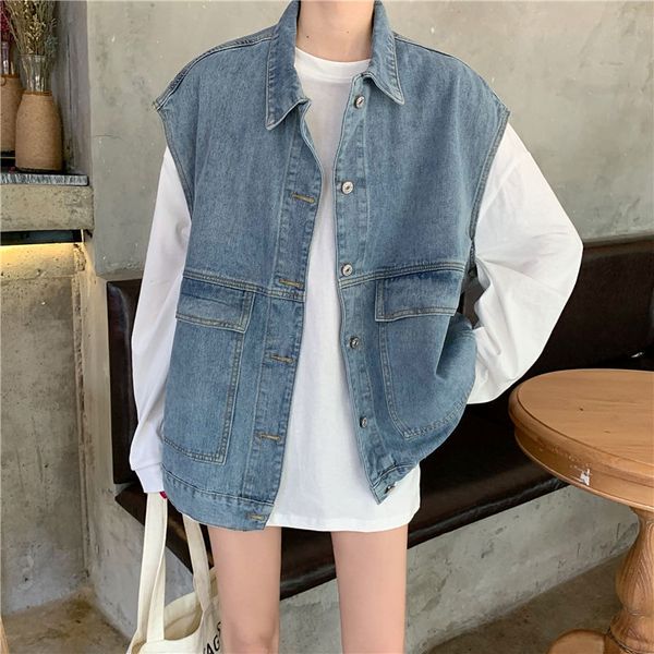

2020 new new loose denim vest oversize big pocket sleeveless jean coat turn-down collar single breasted female waistcoat outwear, Black;white
