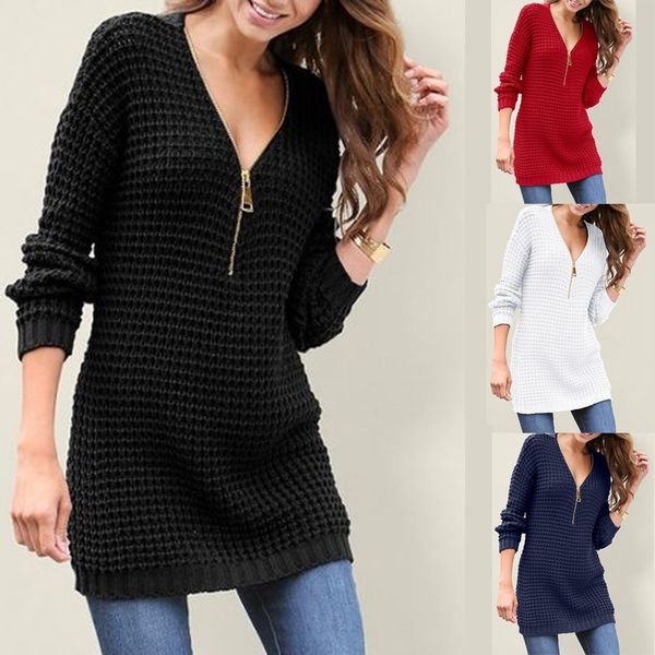 

zipper deep v neck sweater, White;black