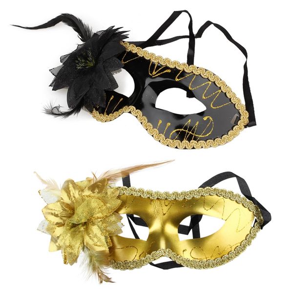 

2pcs venetian feather fancy dress masquerade costume carnival party ball mask (black&gold