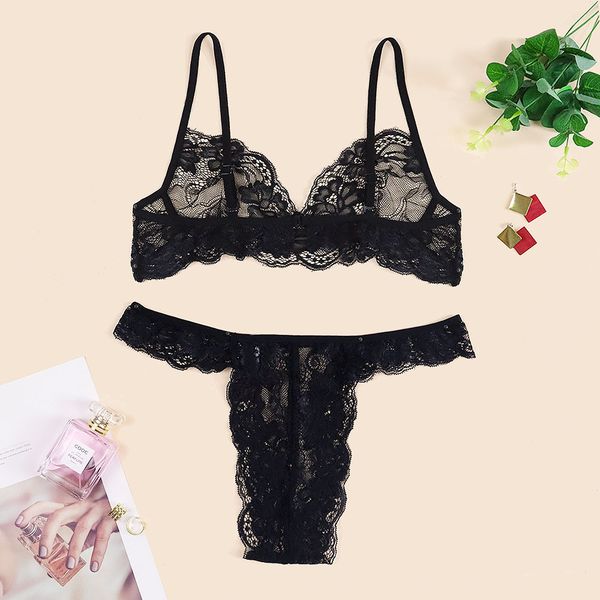 

popular women's underwear trend interest underwear three point lace suit perspective lace two piece suit, Black;red
