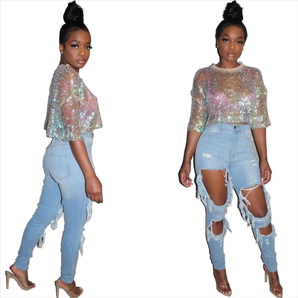 

bb0005 women's middle sleeve waist-exposed bb0005 women's middle sleeve waist-exposed sequins sequins top, White