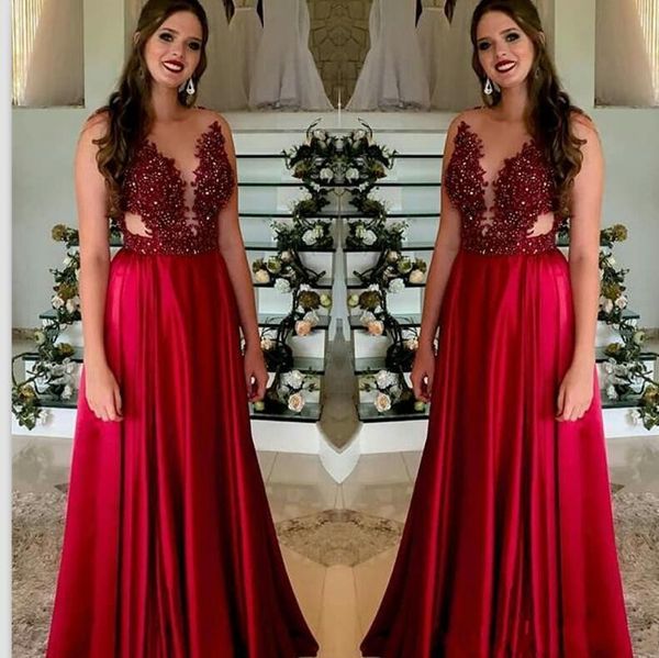 

2019 new fashion red a-line evening dresses sheer jewel neck lace appliques beaded floor length plus size prom gowns mohers dresses, Black;red