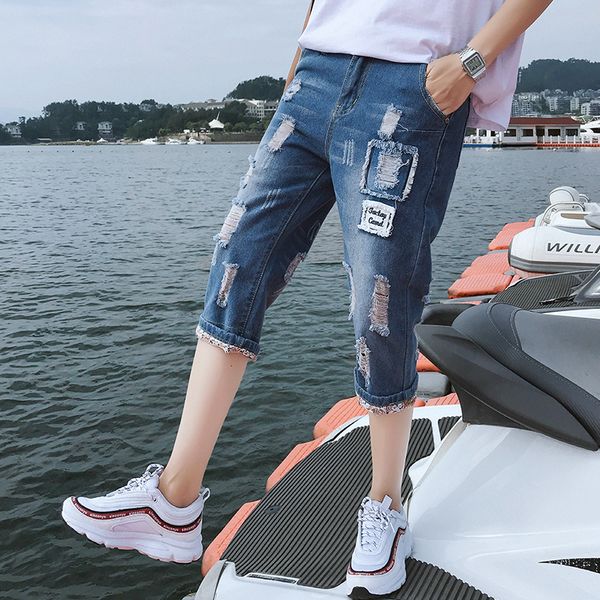 

mens summer hole new jeans men's large size slim hole patch calf length pants men's fashion skinny casual jeans, Blue