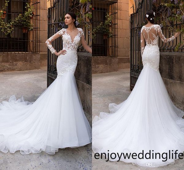 

2020 exquisite lace mermaid wedding dresses sheer long sleeves v neck bridal gowns illusion button back vestidos de novia al3491, White