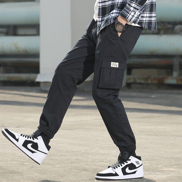 

men's pants summer tide pure cotton multi-pocket beach young casual loose overalls, Black