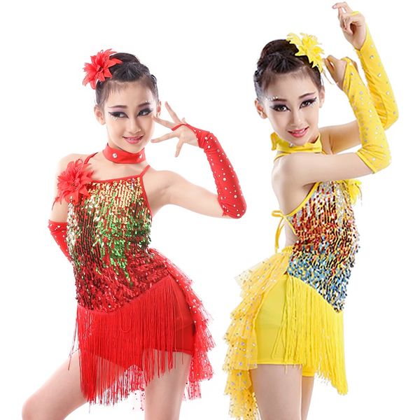 Stage Wear Girls Salsa Fringe Costume da ballo per bambini Vestito con paillettes Gonna da ballo in oro rosso con paillettes per bambini