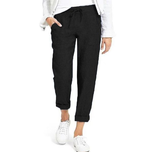 

dihope 2020 fashion women pants solid color tapered elasticated waistband trousers pants lace up loose streetwear cargo, Black;white
