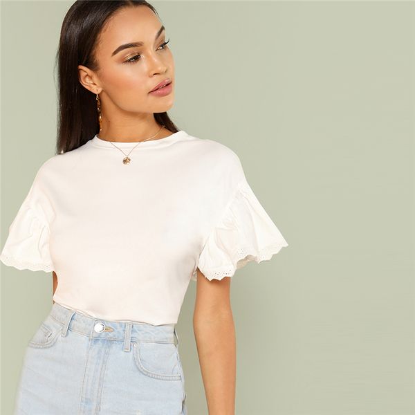 

White Elegant Round Neck Eyelet Embroidered Trim Ruffle Short Sleeve Solid T-shirt Summer Women Weekend Casual Tee Top