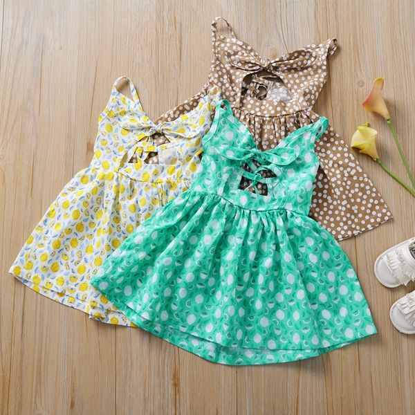 

ins baby girls dresses kids summer bow party bandage elegant lemon dot printed dress sleeveless new, Red;yellow
