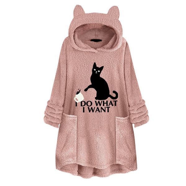 

fleece hoodies women 2019 embroidery cat pullovers long sleeve sweatshirts with ear tracksuit casual autumn sudadera mujer, Black