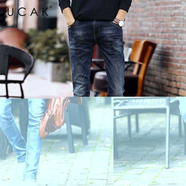 

ucak brand jeans men 2020 four season new slim jeans homme casual jean hombre distressed denim pants men u2003, Blue