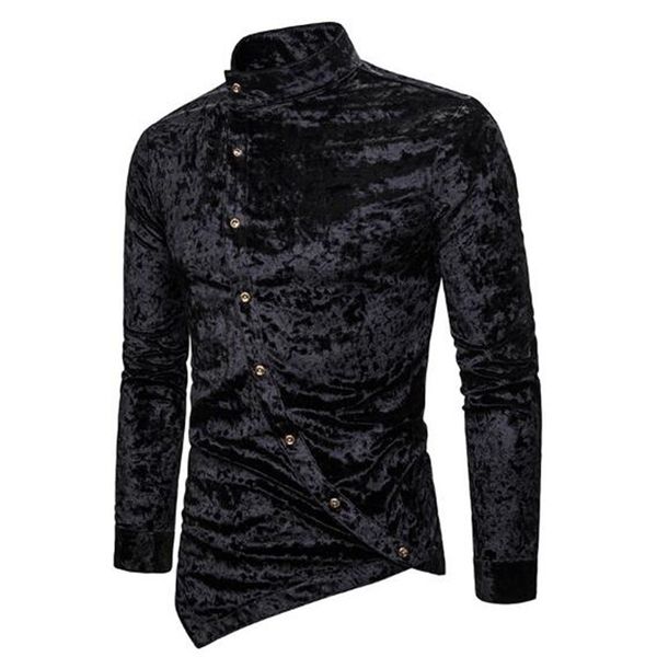 

mens dress shirt irregularity office men shirt stand collar long sleeve fashion solid slim suit shirts 2020 autumn clothes, White;black