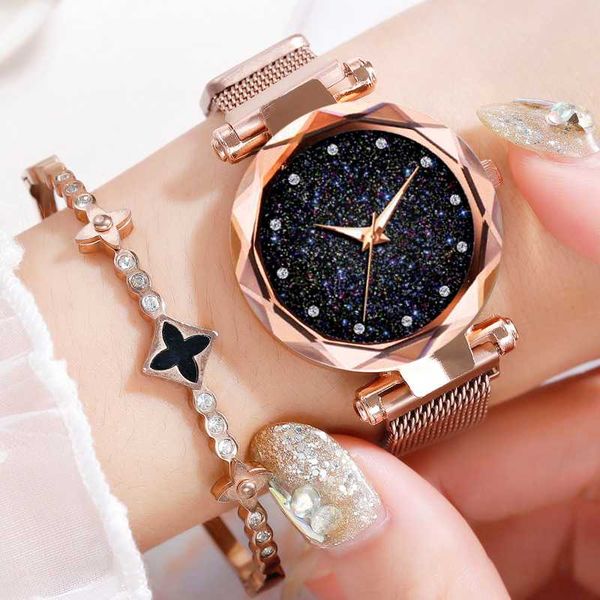 

luxury women's starry sky watches fashion ladies magnetic buckle quartz wristwatches elegant female watch clock, Slivery;brown