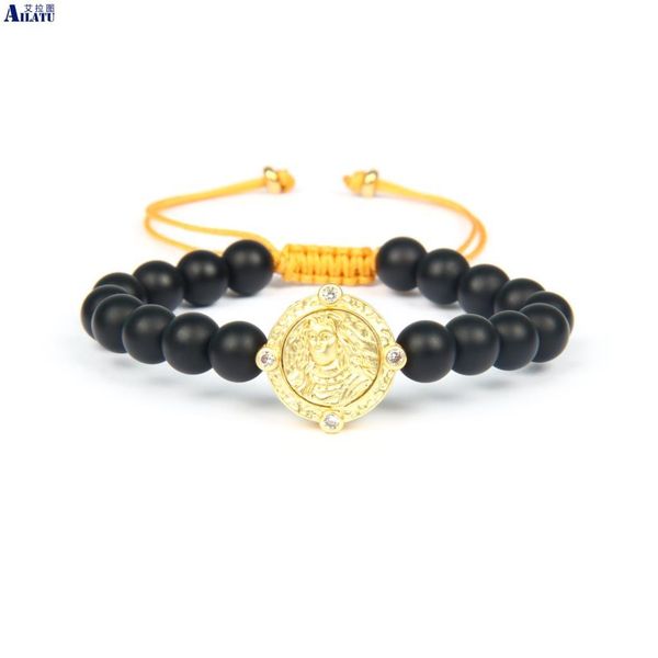

ailatu new design clear cz virgin mary faith macrame bracelet with 8mm natural matte onyx stone for mother's day gift, Golden;silver