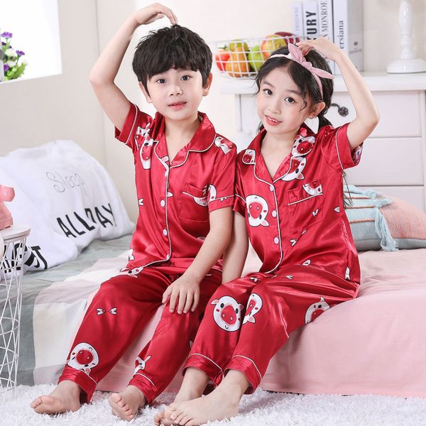 

children pajamas suit 2020 summer kids cartoon silk pajamas boys homewear stain girls short sleeve button cardigan pyjamas set, Blue;red