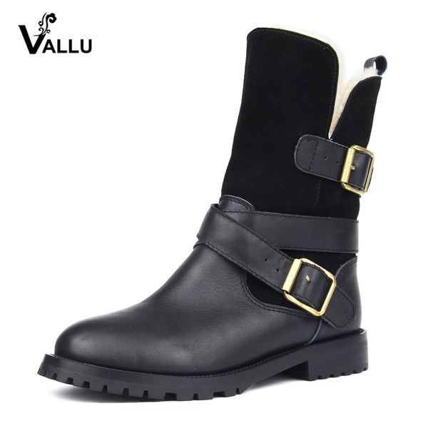 

vallu 2019 winter women shoes boots genuine leather buckle zip warm boots wool snow, Black