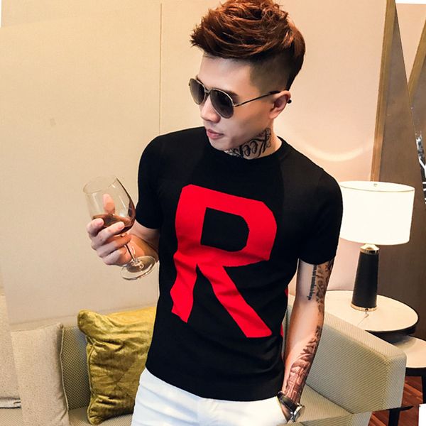 

новые мужчины вязание с коротким рукавом футболка мужской лето письмо мода slim fit повседневные тис рубашки мужские streetwear тенниска, White;black