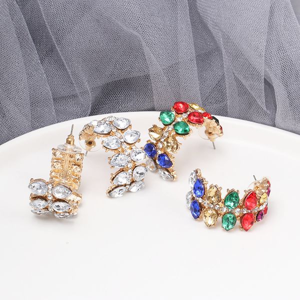 

simple rainbow rhinestones c shape hoop earrings for women retro geometric gold color metal statement earrings party jewelry, Golden;silver