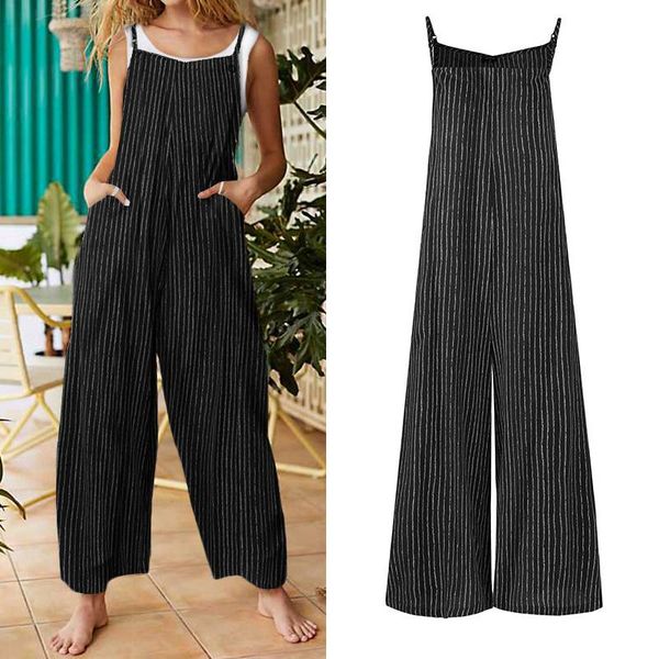 

женская 2020 лета вонда комбинезон сексуальный рукавов старинные полосатый печатные комбинезоны дамы офис партии широкую ногу длинные брюки, Black;white