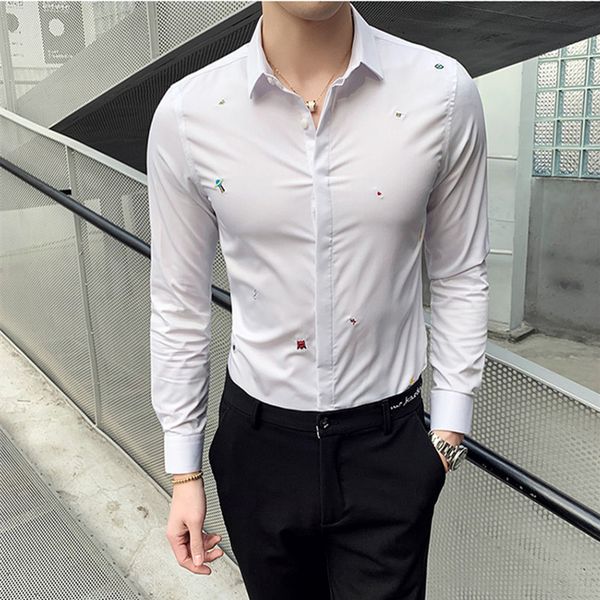 

men's shirt spring and autumn new embroidered long-sleeved shirt fashion men's slim gentleman youth slim white black