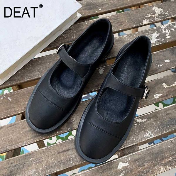 

deat] 2020 round toe shallow buckle strap casual pu leather single flat shoes women new spring autumn fashion tide 10f873, Black