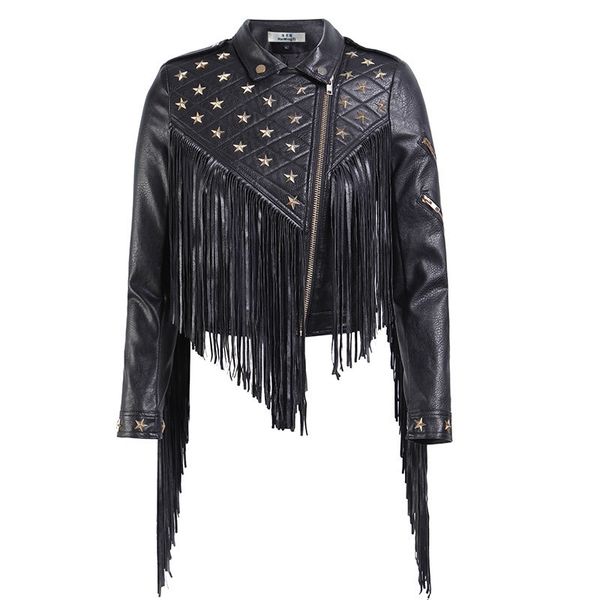 

2019 new arrival women leather jacket with tassel zipper long sleeve faux leather ccoats and jackets stand colar female outwear, Black
