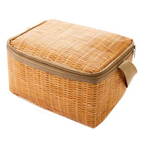 

portable imitation rattan lunch bags insulated thermal cooler lunch box tote storage bag container picnic bag, Blue;pink