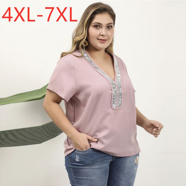 

women's blouses & shirts female summer plus size for women blouse large short sleeve casual loose sequins v neck shirt pink 4xl 5xl 6x, White